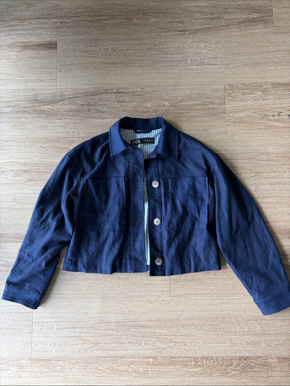 Zara Navy Cropped Button Front Pocket Jacket Sz XS